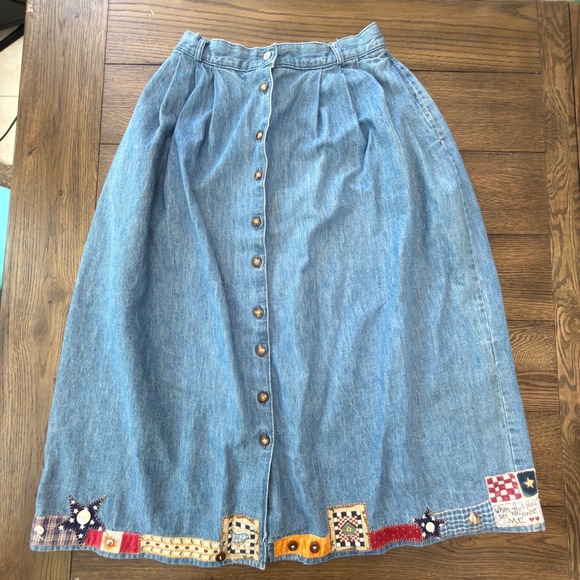 Vintage Dresses & Skirts - Vintage Patchwork Denim Midi Skirt Button Front Americana Folk Art Made in USA